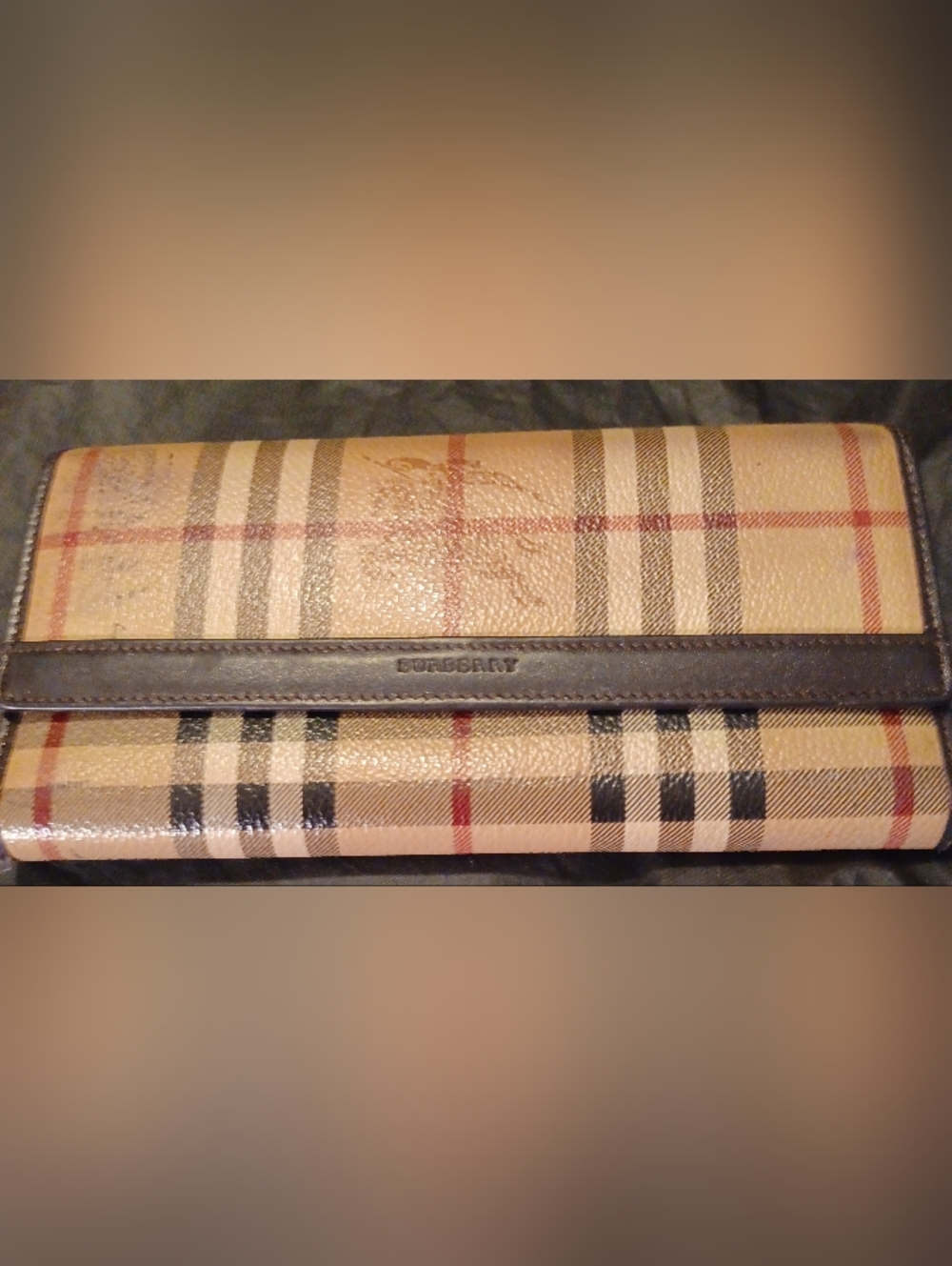 Vintage Burberry Haymarket Check Flap Wallet With knight & logo In brown trim.